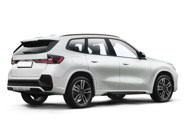 Şeffaf bir arka planda beyaz renkli, modern bir SUV 'nin kısmen sağ ve arka tarafı.