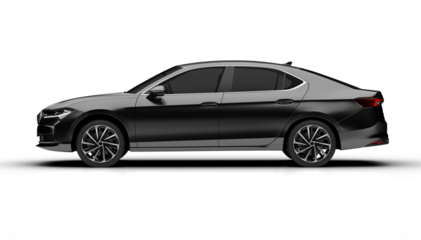 Arkaplanda koyu gri renkli modern bir sedan arabanın tam sol kenarı.