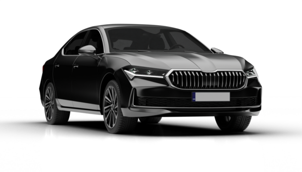 Koyu gri renkli modern sedan aracın şeffaf arkaplanda gösterilen hafif sağ ön görüntüsü