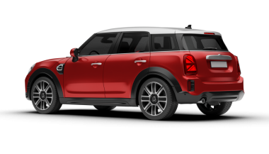 Kırmızı renkli modern çantalı araba ön sol ve arka açıdan spor görünümlü, kıvrımları ve arka farları şeffaf arka planda vurguluyor..