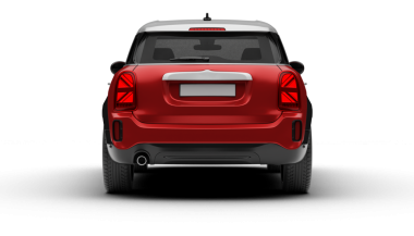 Kırmızı renkli modern bavul vagonu tam dikiz manzaralı spor görünümlü, şeffaf bir arka planda kıvrımlar ve stop lambaları vurguluyor.