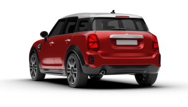 Kırmızı renkli modern çantalı araba ön sol ve arka açıdan spor görünümlü, kıvrımları ve arka farları şeffaf arka planda vurguluyor..