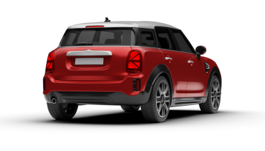 Kırmızı renkli modern çanta çantası ön sağ ve arka açıdan spor görünümlü, şeffaf arka planda kıvrımlar ve stop lambaları vurguluyor.