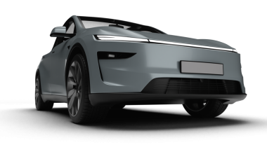 Gri renkli modern elektrikli arabanın üç boyutlu görüntüsü, hafif sağ ön görüş, şeffaf arkaplan