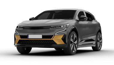 Şeffaf arkaplan, sol ön açıda gri renkli modern elektrikli cip arabası, aerodinamik çizgilerini ve modern stilini yüksek kalite 3 boyutlu bir şekilde sergiliyor..