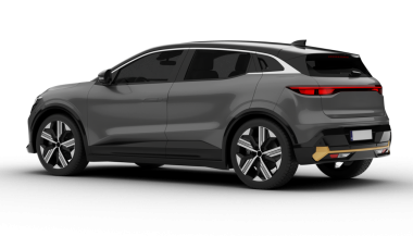 Şeffaf arka plan, arka sol açıda gri renkli modern elektrikli cip arabası, LED arka farlarını ve parlak arka dizaynını yüksek kalite 3D olarak vurguluyor..