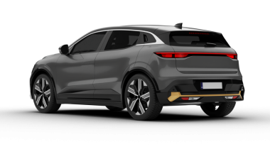 Şeffaf arka plan, arka sol açıda gri renkli modern elektrikli cip arabası, LED arka farlarını ve parlak arka dizaynını yüksek kalite 3D olarak vurguluyor..