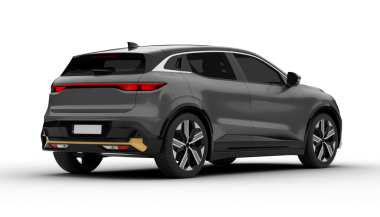 Şeffaf bir arkaplan, gri Renault Megane E-Tech arka açıda, geriye doğru kıvrımlı ve çarpıcı bir şekilde şekillendirilmiş gövdesini vurguluyor..