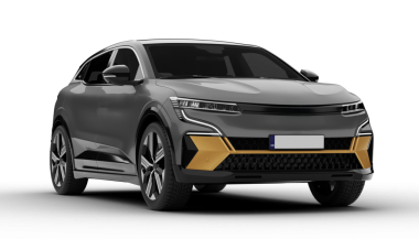 Şeffaf arkaplan, gri renkli, sağ ön açıda modern elektrikli cip arabası, LED farlarını ve modern ızgarasını detaylı bir 3D renkle renklendiriyor..