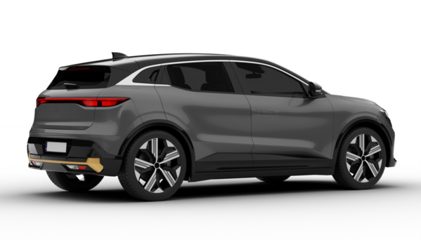 Şeffaf bir arka plan, gri renkli modern bir elektrikli cip arabası, arka açıda, düz bir şekilde geriye doğru çizilmiş ve çarpıcı bir şekilde şekillendirilmiş gövdesini vurguluyor..