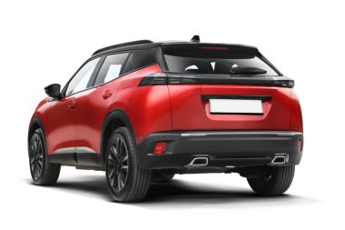 Kırmızı renkli modern SUV aracı, şeffaf arka planda izole edilmiş sol arka plan görüntüsü