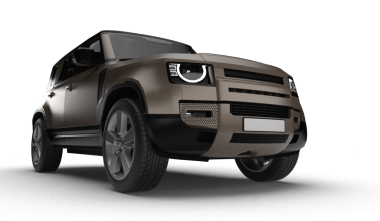 Şeffaf arkaplanda, hafif sağ ön perspektiften modern kahverengi bir SUV 'nin 3 boyutlu görüntülemesi