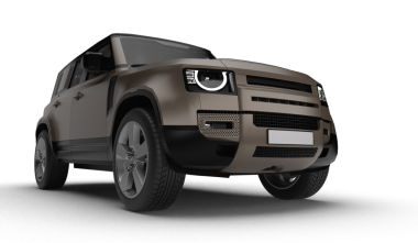 Şeffaf arkaplanda, hafif sağ ön perspektiften modern kahverengi bir SUV 'nin 3 boyutlu görüntülemesi