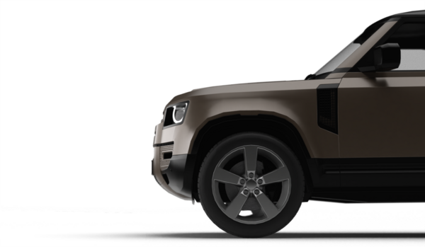 Kahverengi modern SUV 'nin 3D görüntüsü, şeffaf arkaplanda ön perspektiften sol tarafı gösteriyor