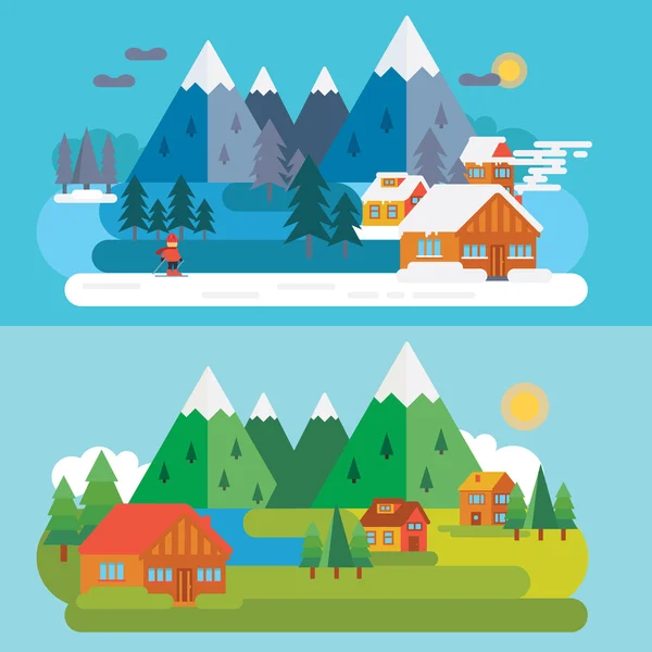 Invierno y verano escena de montaña — Vector de stock