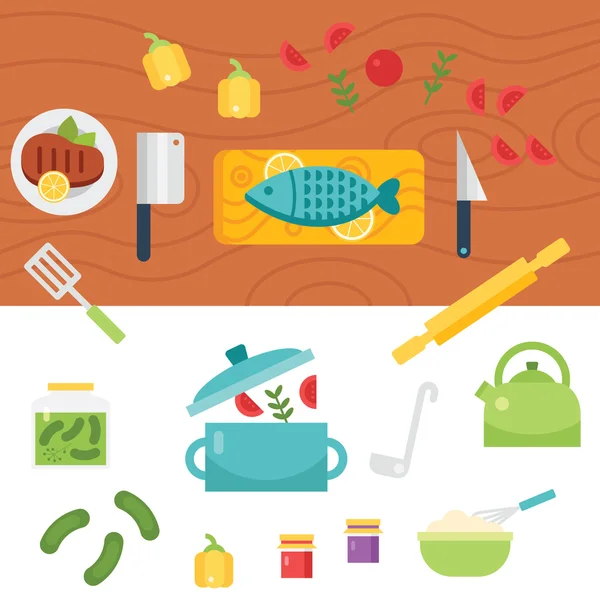 Ilustración e iconos temáticos de cocina Ilustraciones de stock libres de derechos