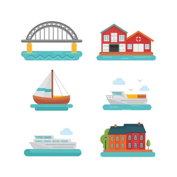 Conjunto de ícones para barcos e portos — Vetor de Stock