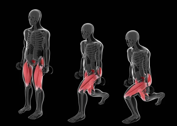 黒い背景にダンベルをつけた別の前の肺を実行しているX線男の位置シーケンスを示しています — ストック写真