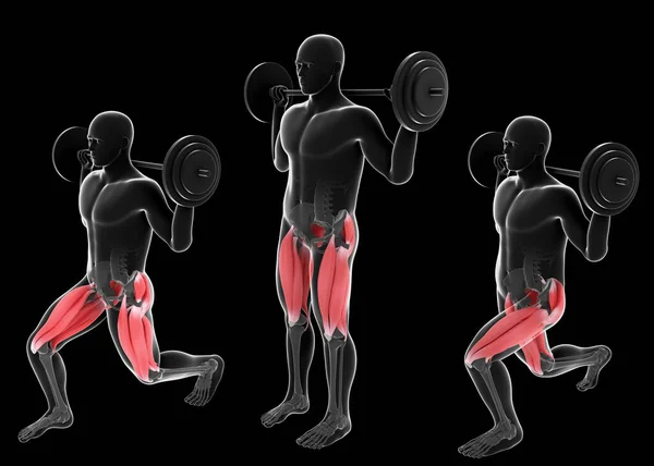 这个3D的插图显示了一个X光男人在黑色背景下 用杠铃交替地在前面冲刺 — 图库照片