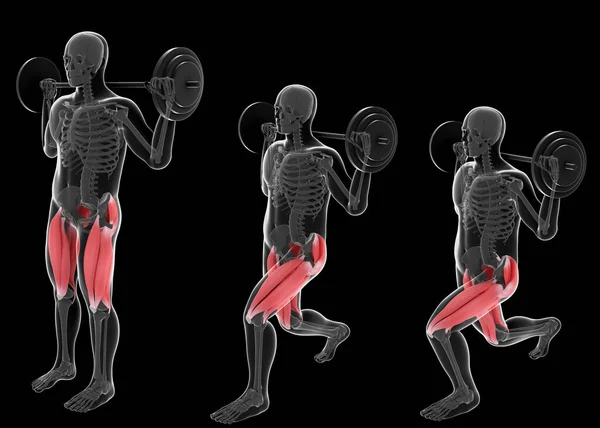 This 3d illustration shows the positions sequence of an xray man performing alternate front lunges with barbell on a black background