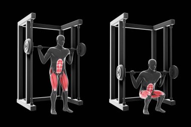 This 3d illustration shows  an xray man performing  squat multipower on a black background