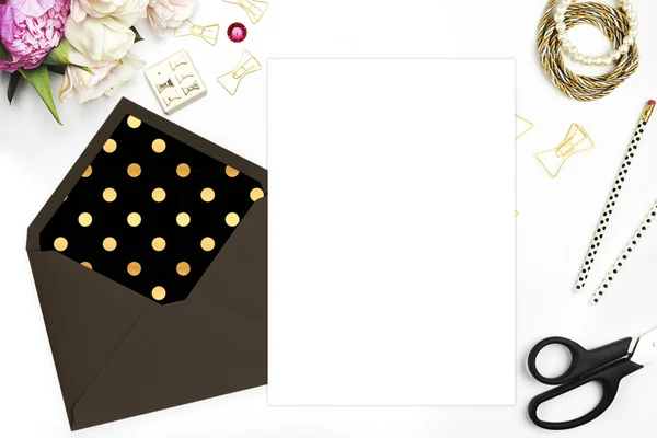 Woman desktop, template card, Mock up for your photo or text Place your work. Peonies and gold stationery. Gold Polka. Header website or Hero website — Stock Photo, Image