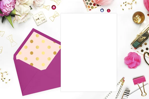Woman desktop, template card, Mock up for your photo or text Place your work. Peonies and gold stationery. Gold Polka. Header website or Hero website — Stock Photo, Image