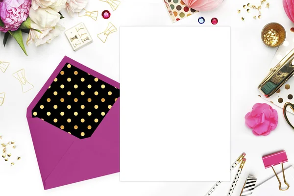 Woman desktop, template card, Mock up for your photo or text Place your work. Peonies and gold stationery. Gold Polka. Header website or Hero — Stock Photo, Image