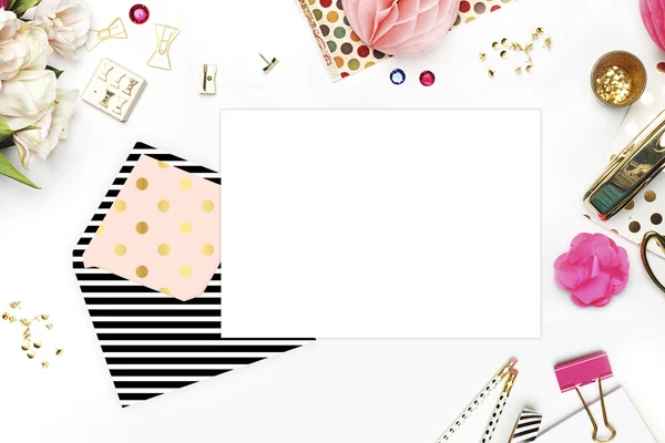 Header website or Hero website, Table view office items, white background mock up, woman desk. Polka gold pattern and black stripe