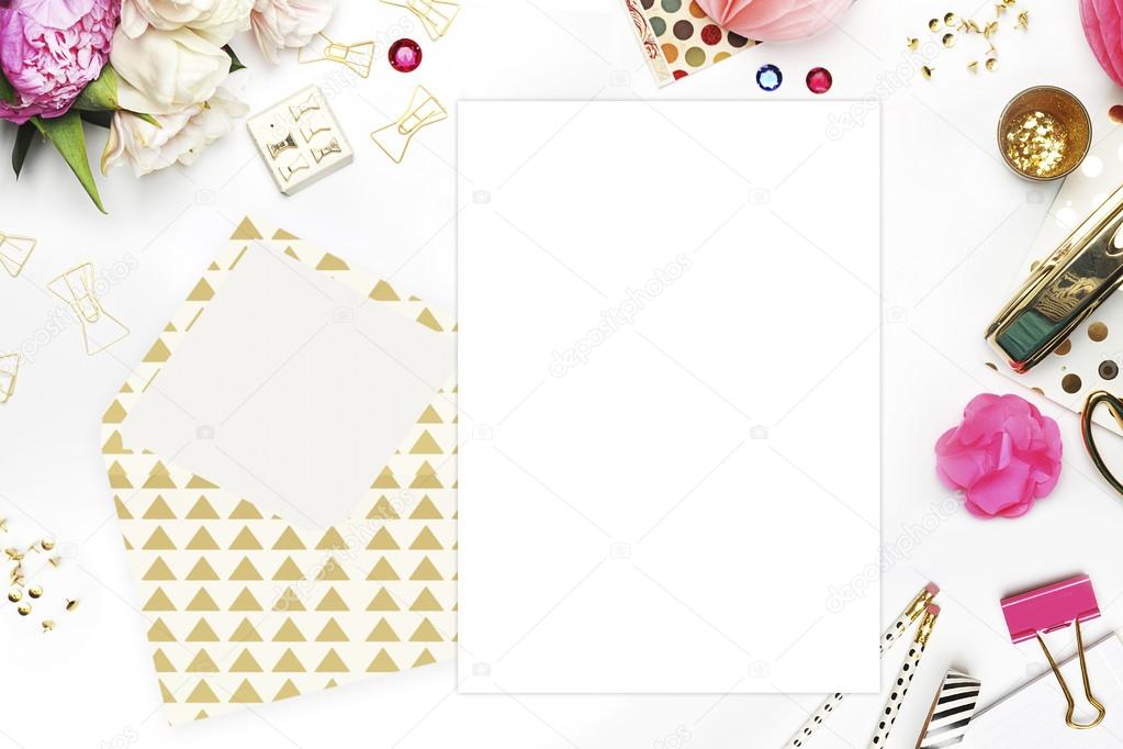 Woman desktop, template card, Mock up for your photo or text Place your work. Peonies and gold stationery. Gold Polka. Header website or Hero website