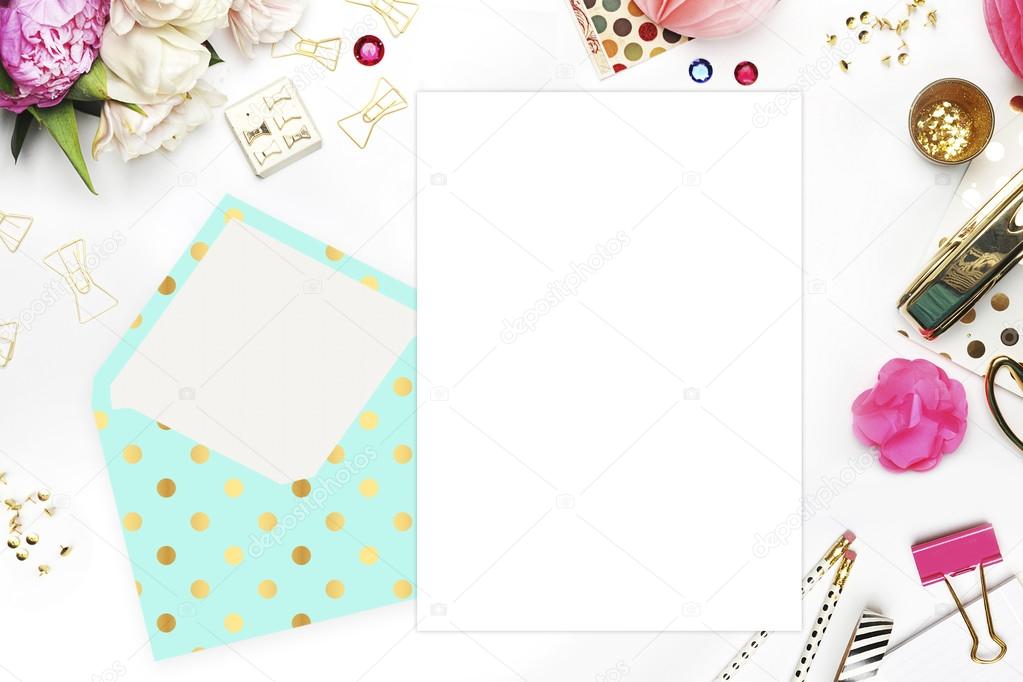 Flat lay. White background. Woman desktop, template card, Mock up for your photo or text Place your work