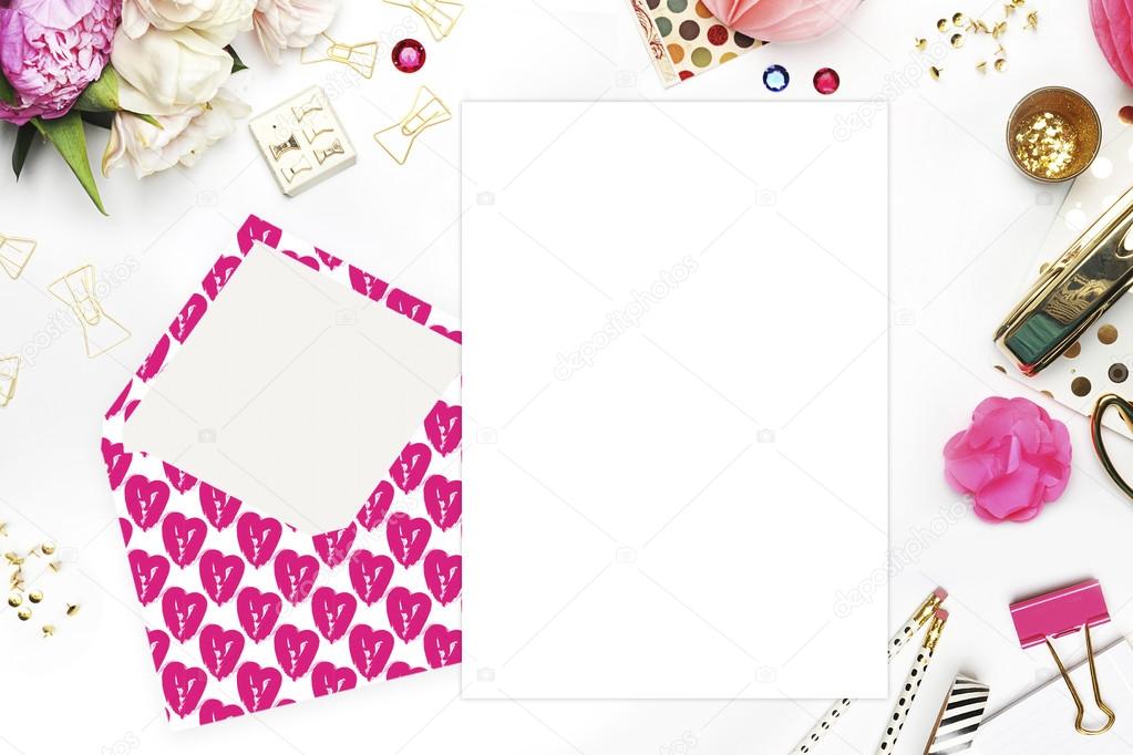 Flat lay. White background. Woman desktop, template card, Mock up for your photo or text Place your work. Peonies and gold stationery. Gold Polka. Header website or Hero website