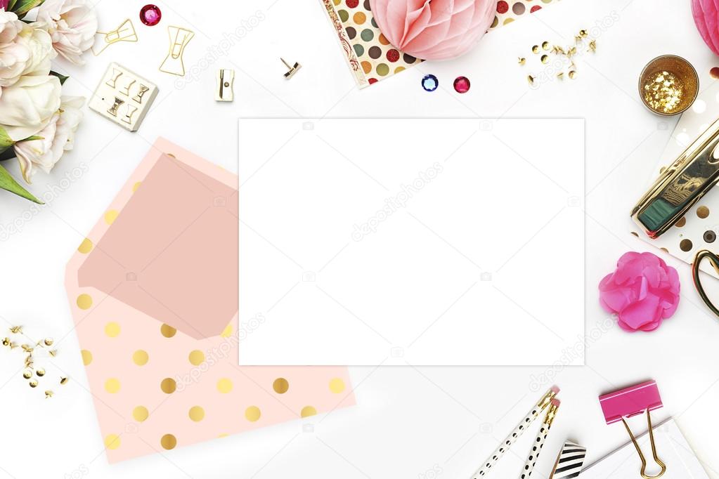 Header website or Hero website, Table view office items, white background mock up, woman desk. Polka gold pattern and blush