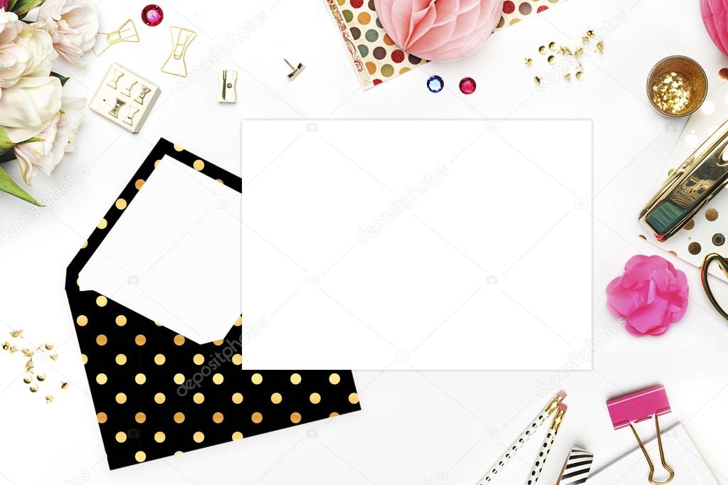 Wedding background. Mock-up for your photo or text Place your work. Woman desktop, template card, Peonies and gold stationery. Gold Polka. Header website or Hero website