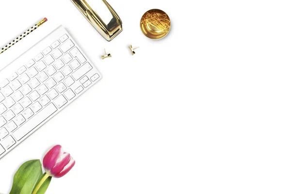 Office desk and woman objects on white table. Flat lay. Tulip , gold stapler, pencil. Table view. Still life of fashion