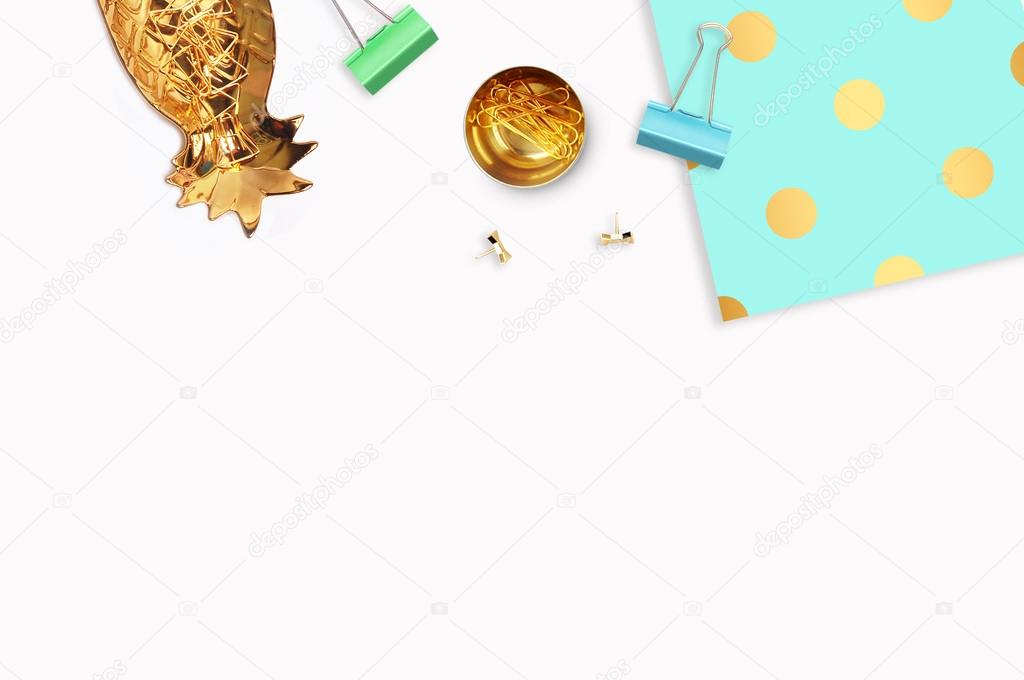 Background mock up. Hero and header for site. Flat lay. Stationery golden. Feminine scene. Woman modern desk top. Elegant background. Mint with gold polka dots pattern Flat lay.