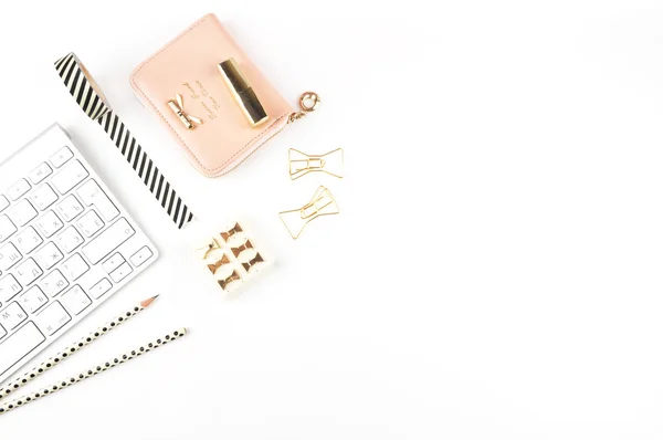 Table view office items, white background mock up, woman desk. Flat lay. — Stock Photo, Image