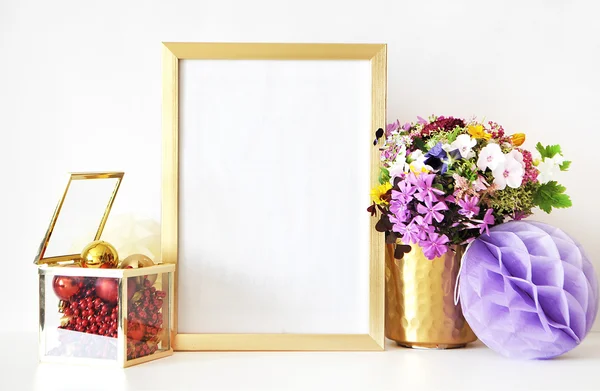 Frame mock up gold, gold vase and flower. Poster
