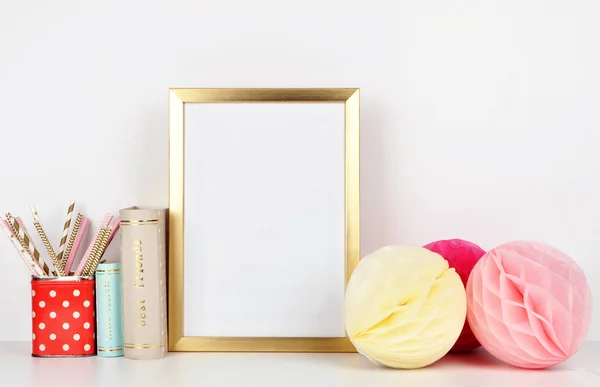 Gold picture frame with decorations. Mock up for your photo or text Place your work, print art,shabby style, white background, pastel color book — Stock Photo, Image