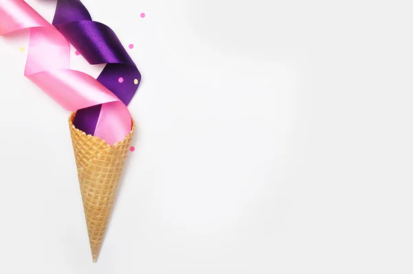 Flat lay, white background. Party photo, ice scream cone and colored ribbons. White background mockup — Stock Photo, Image