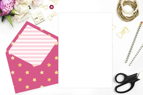 Flat lay. White background. Woman desktop, template card, Mock up for your photo or text Place your work. Peonies and gold stationery. Gold Polka. Header website or Hero website — Stock Photo, Image