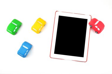 Toy background. Colorful cars, flat lay, view top