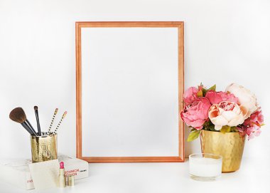 Mock up for your photo or text Place your work, print art,shabby style, white background,pastel color book, paris, lipstick, mint and gold accessories