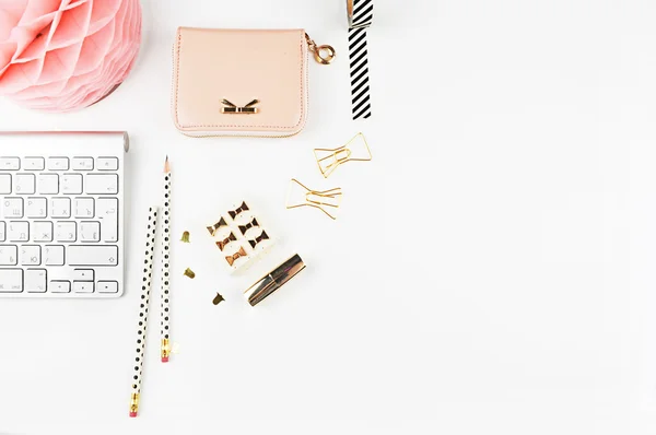 Table view office items, white background mock up, woman desk. Flat lay. — Stock Photo, Image