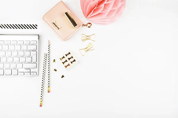 Table view office items, white background mock up, woman desk. Flat lay. — Stock Photo, Image