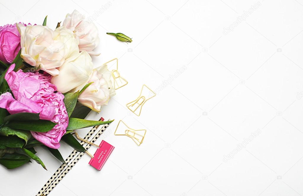 Peonies flower and gold items. White background mockup