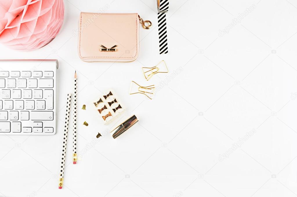 Table view office items, white background mock up, woman desk. Flat lay.