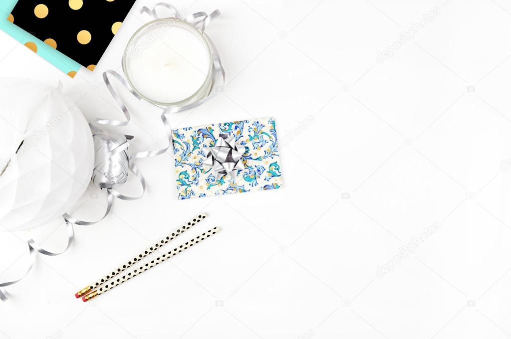 White background table, view table mockup, accessories modern, Stock