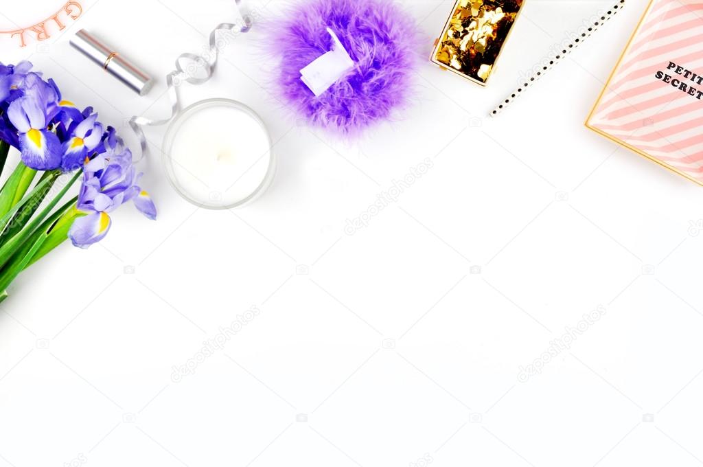 Styled stock photography, desktop, White desktop woman, table view, mockup, flowers irises, gold