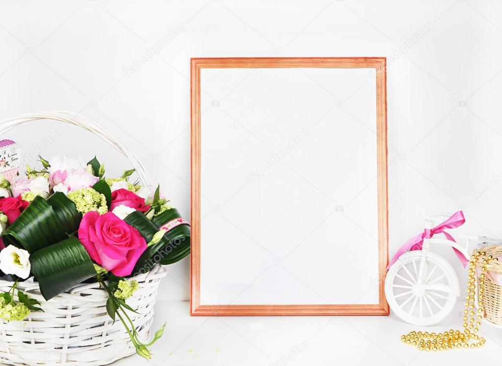 wooden picture frame with decorations. Mock up for your photo or text Place your work, print art,shabby style, white background,